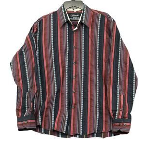 Visconti Shirt Men Large Navy Burgundy Stripe Embroidered 100% Cotton Dress Work